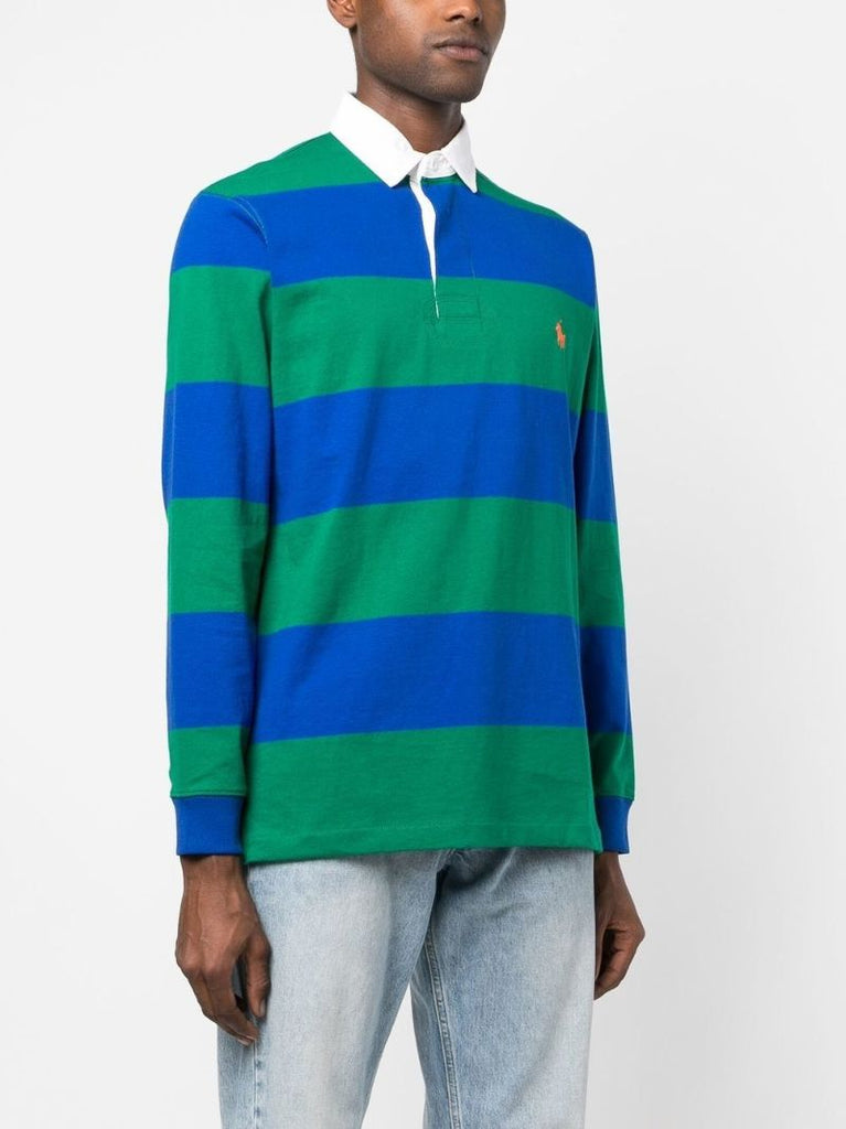 Blue Striped Logo Embroidered Polo Shirt