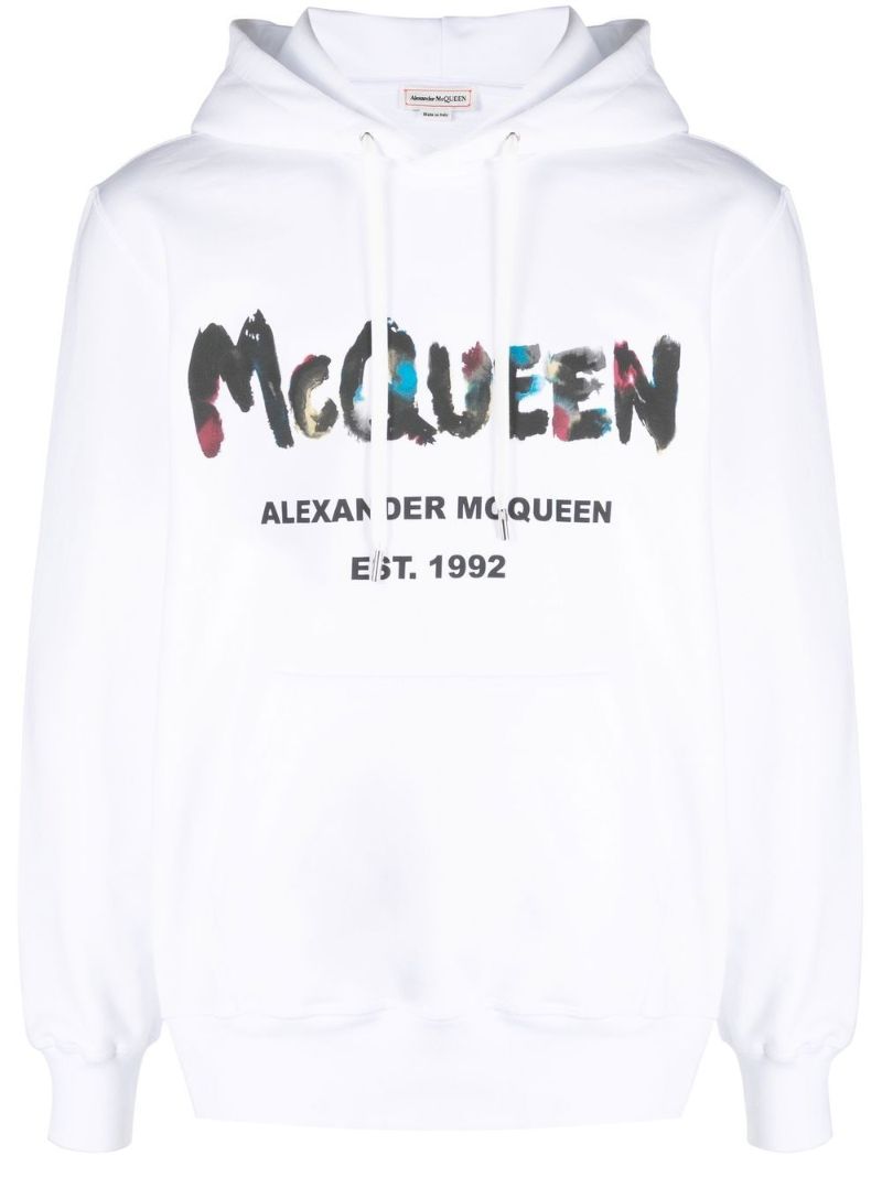 White Graffiti Print Cotton Hoodie