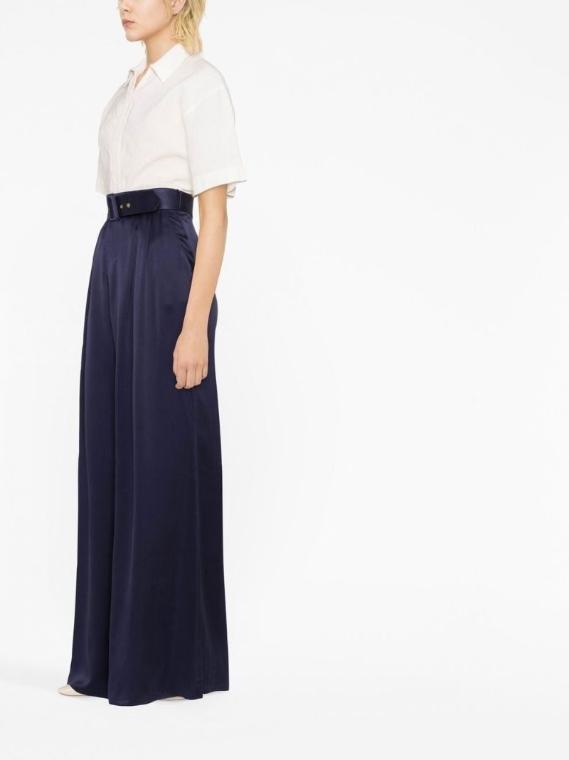 Blue Belted Silk Wide Leg Trousers