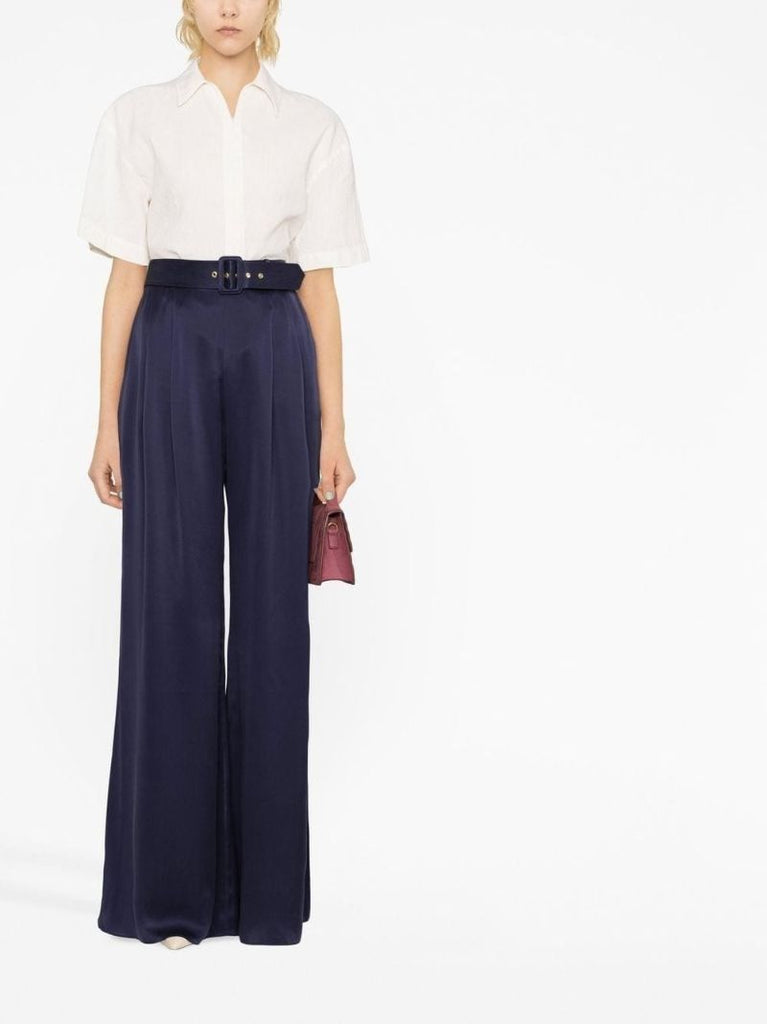 Blue Belted Silk Wide Leg Trousers