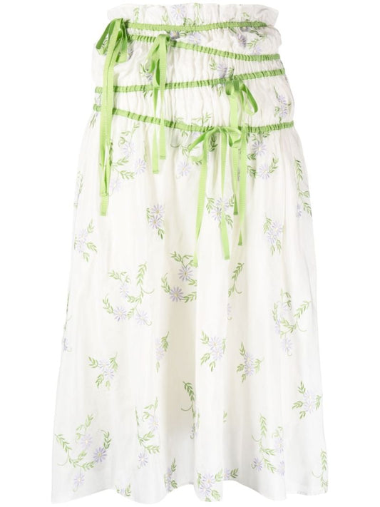 White Floral Embroidered Midi Skirt