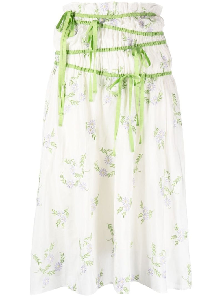 White Floral Embroidered Midi Skirt