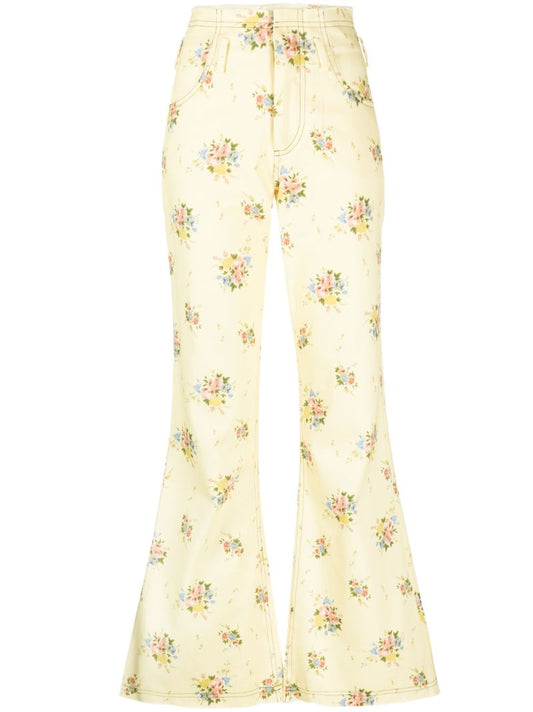 Yellow Floral Print Flared Jeans