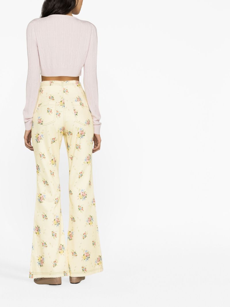 Yellow Floral Print Flared Jeans