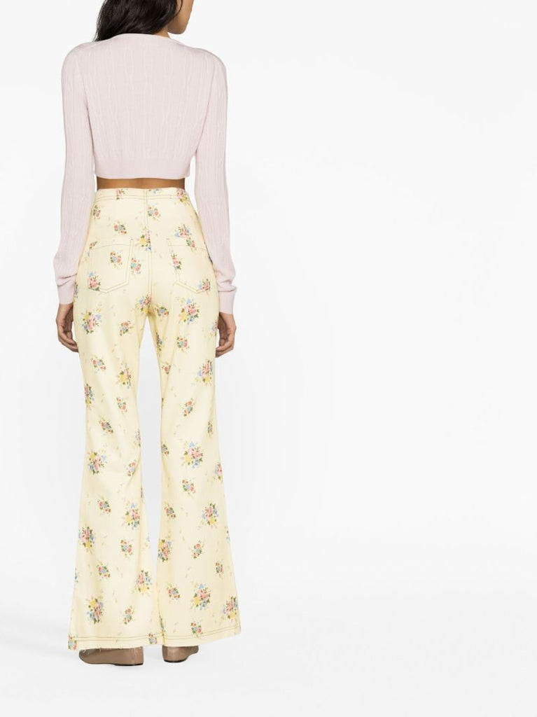 Yellow Floral Print Flared Jeans