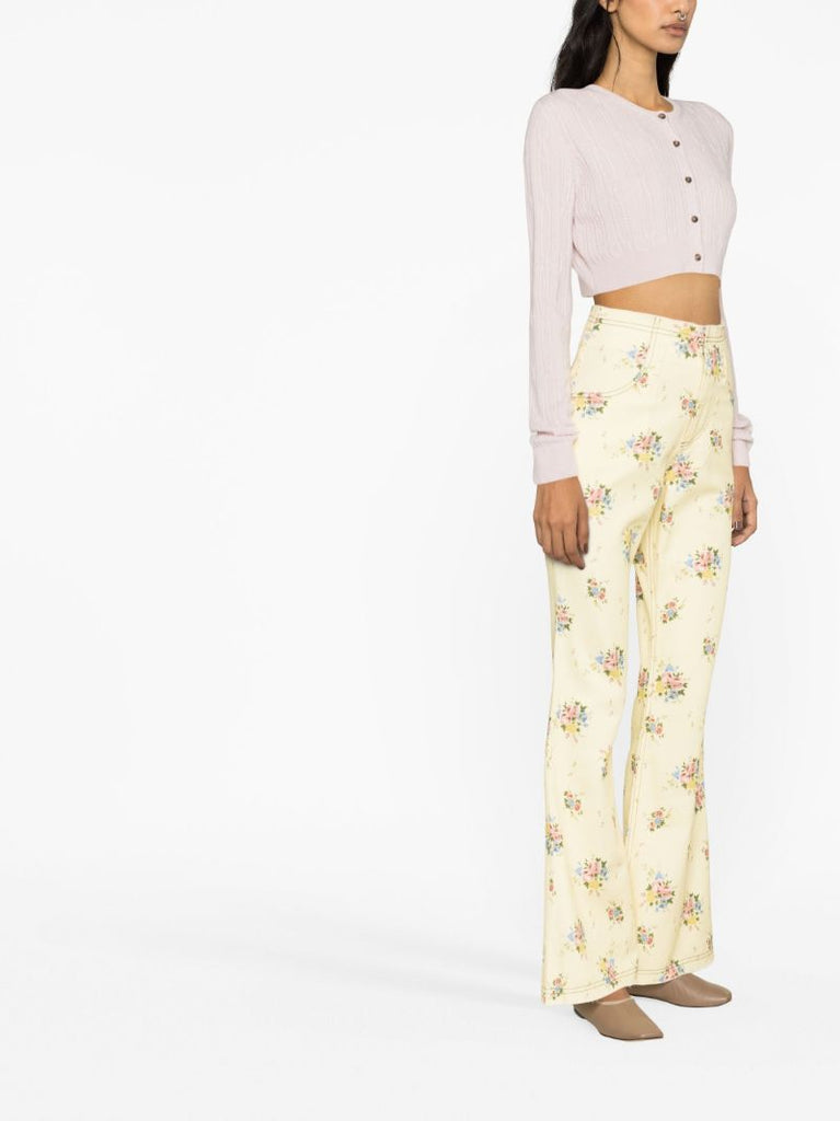 Yellow Floral Print Flared Jeans