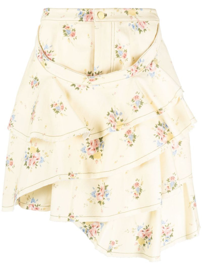 Yellow Floral Print Denim Skirt