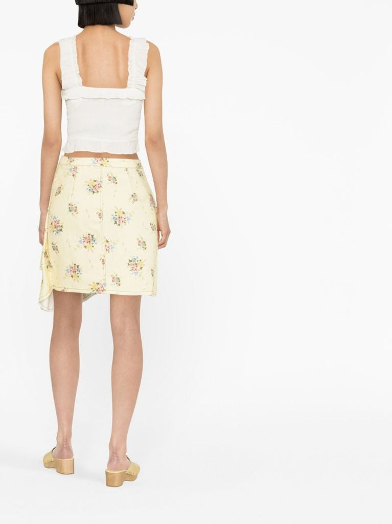 Yellow Floral Print Denim Skirt
