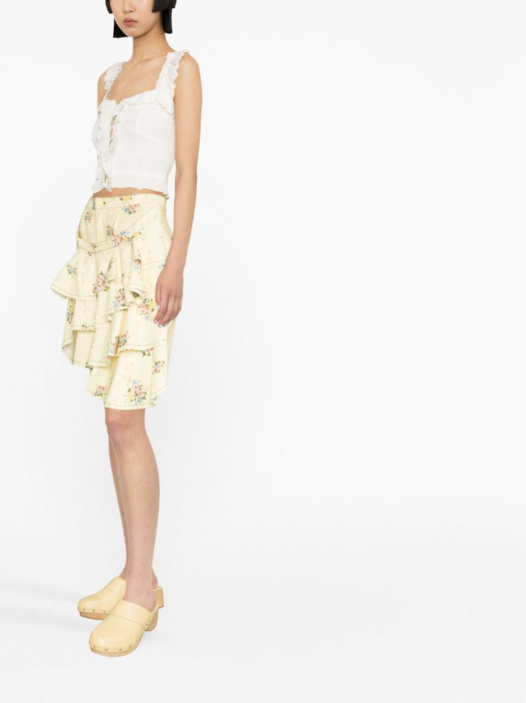 Yellow Floral Print Denim Skirt