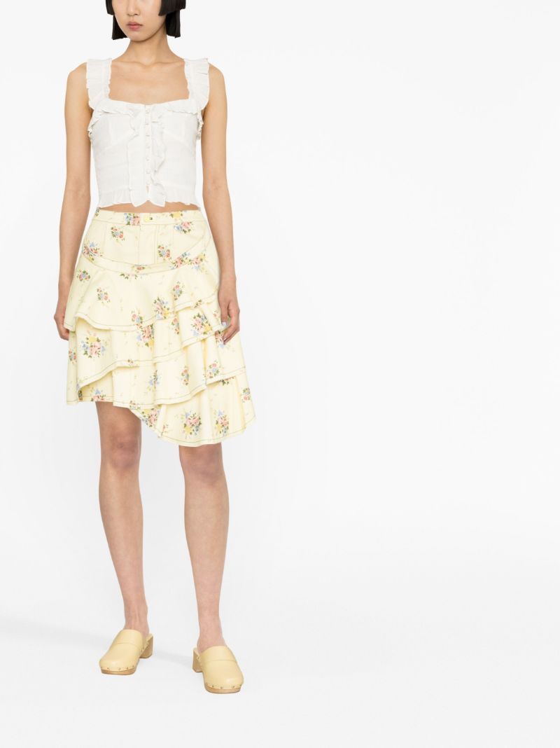 Yellow Floral Print Denim Skirt
