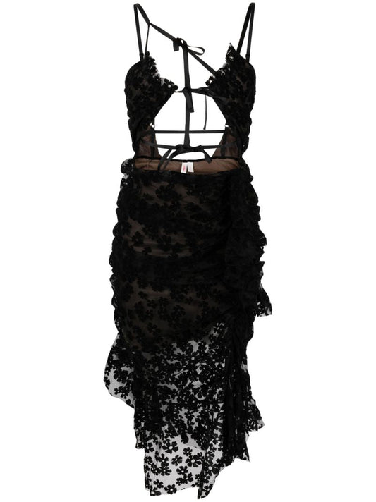 Black Floral Flocked Midi Dress