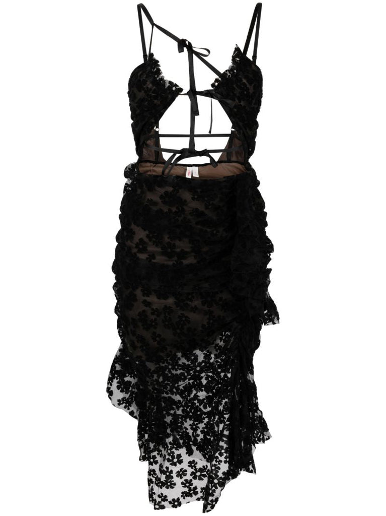 Black Floral Flocked Midi Dress