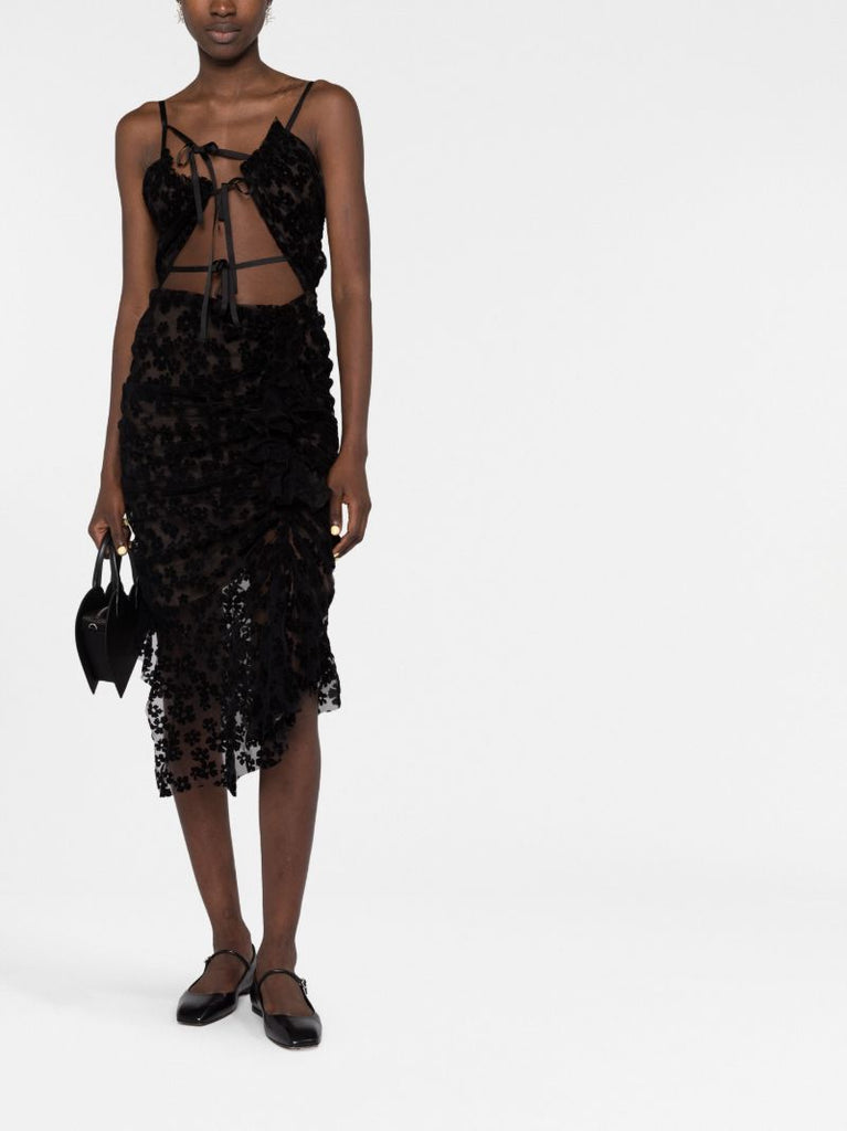 Black Floral Flocked Midi Dress