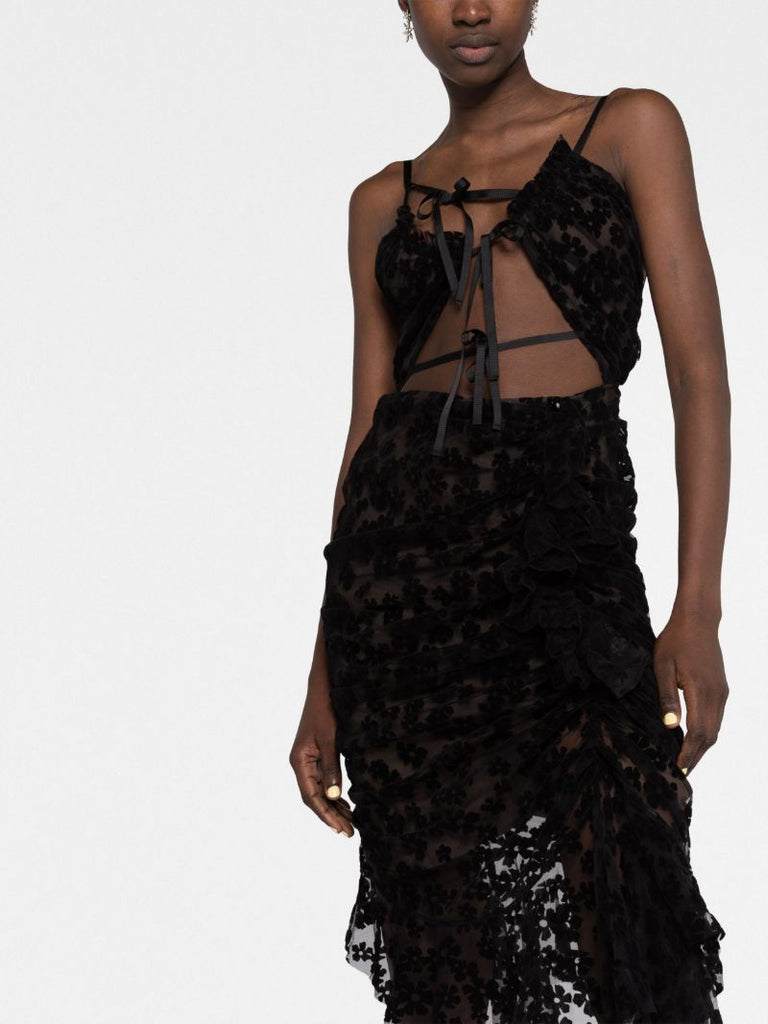 Black Floral Flocked Midi Dress