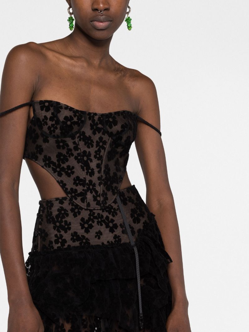 Black Floral Flocked Corset Top