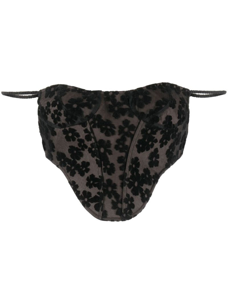 Black Floral Flocked Corset Top