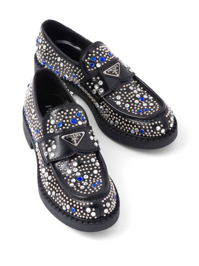 Black Crystal-embellished Leather Loafers