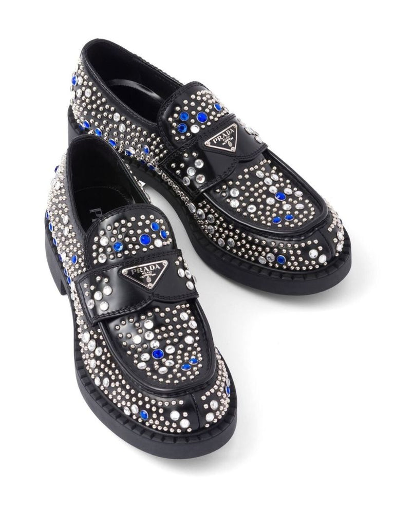 Black Crystal-embellished Leather Loafers