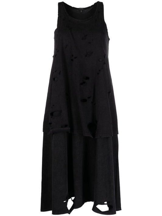 Black Distressed Layered Midi Dress