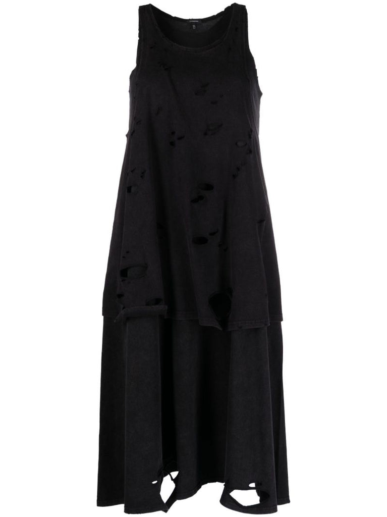 Black Distressed Layered Midi Dress