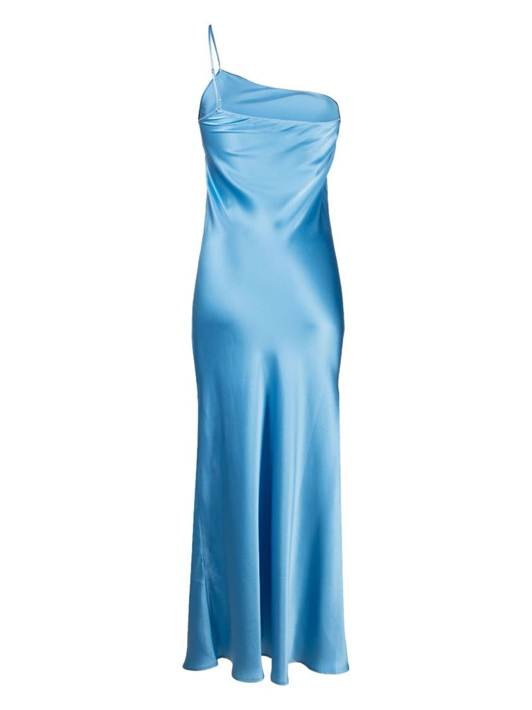 Blue Asymmetric Silk Slip Maxi Dress