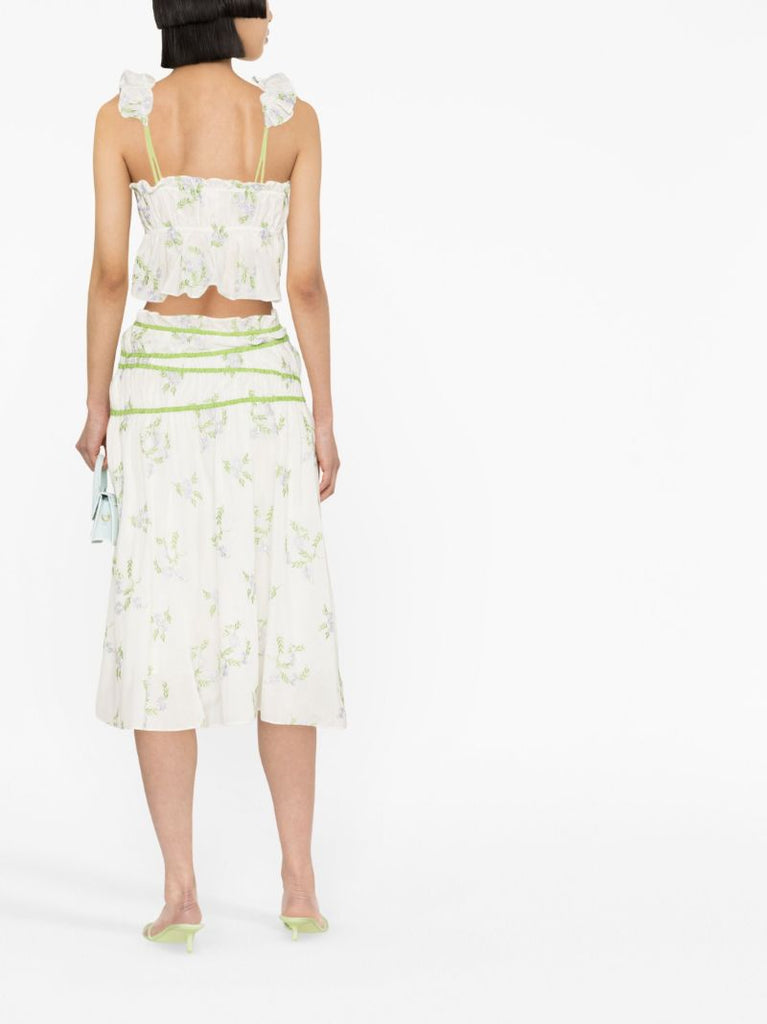 White Floral-embroidered Ruffled Top