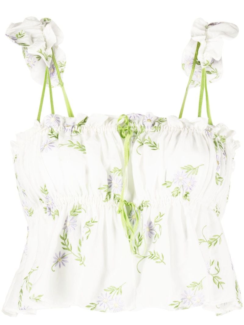 White Floral-embroidered Ruffled Top