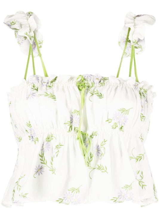 White Floral-embroidered Ruffled Top