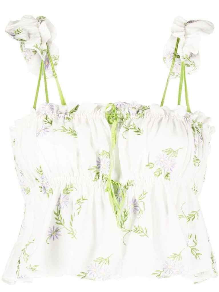 White Floral-embroidered Ruffled Top