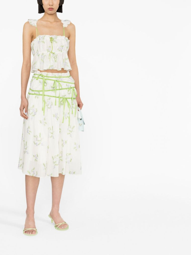 White Floral-embroidered Ruffled Top