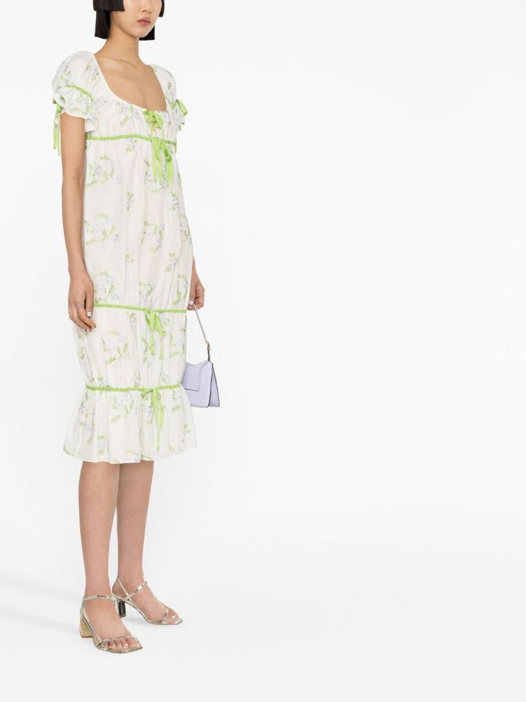 White Floral-embroidered Drawstring Midi Dress