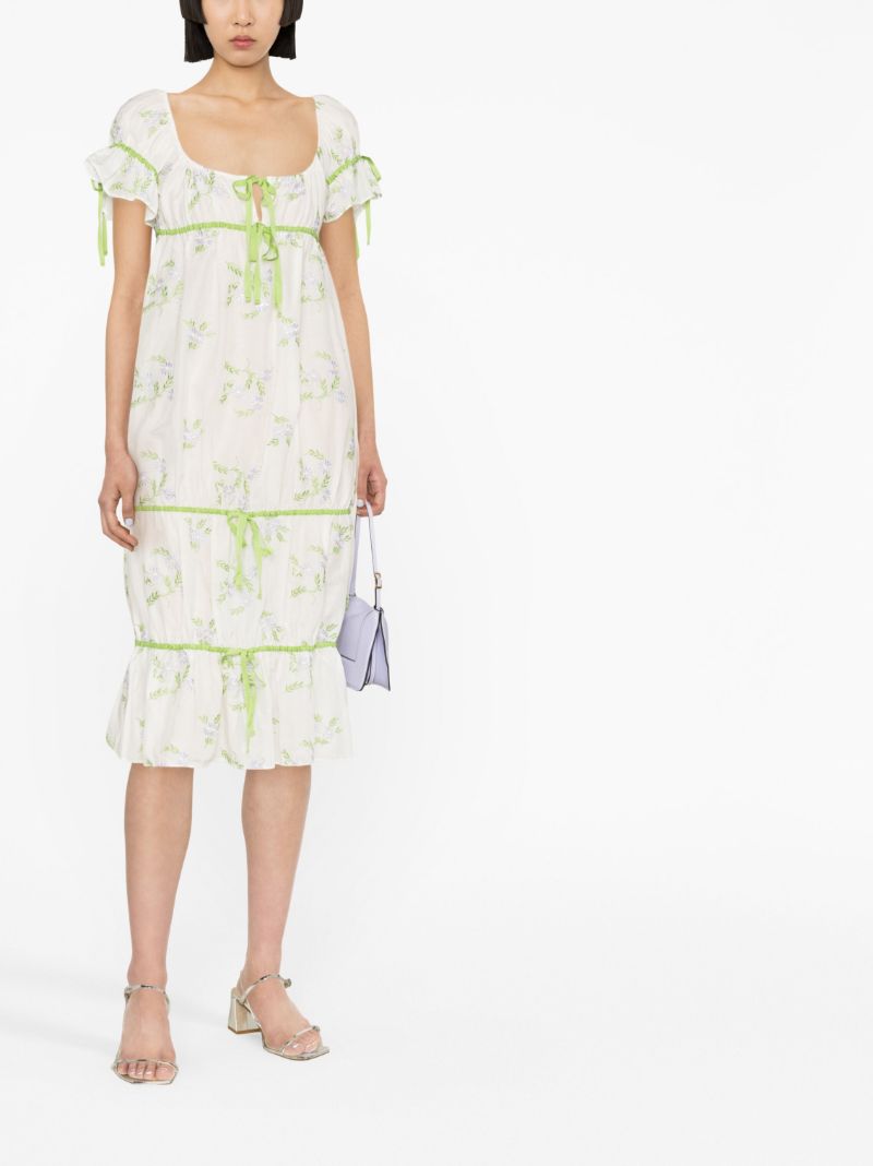 White Floral-embroidered Drawstring Midi Dress
