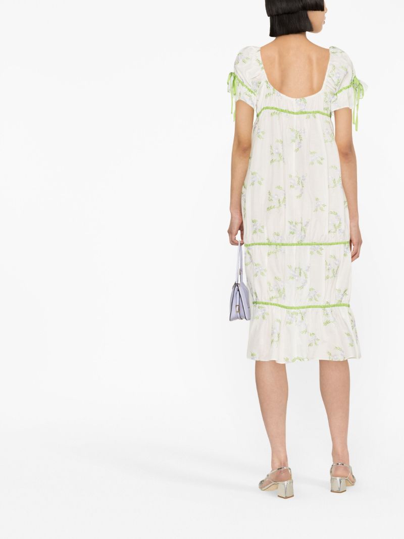 White Floral-embroidered Drawstring Midi Dress