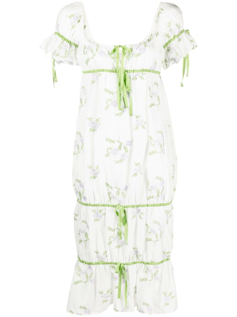 White Floral-embroidered Drawstring Midi Dress
