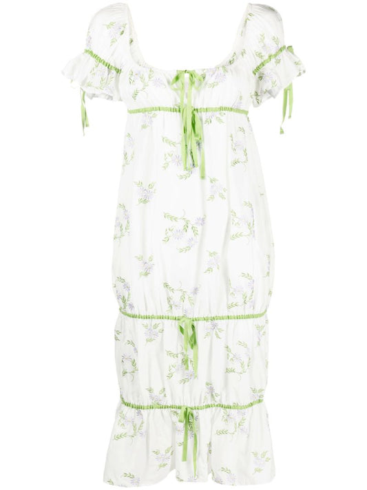 White Floral-embroidered Drawstring Midi Dress
