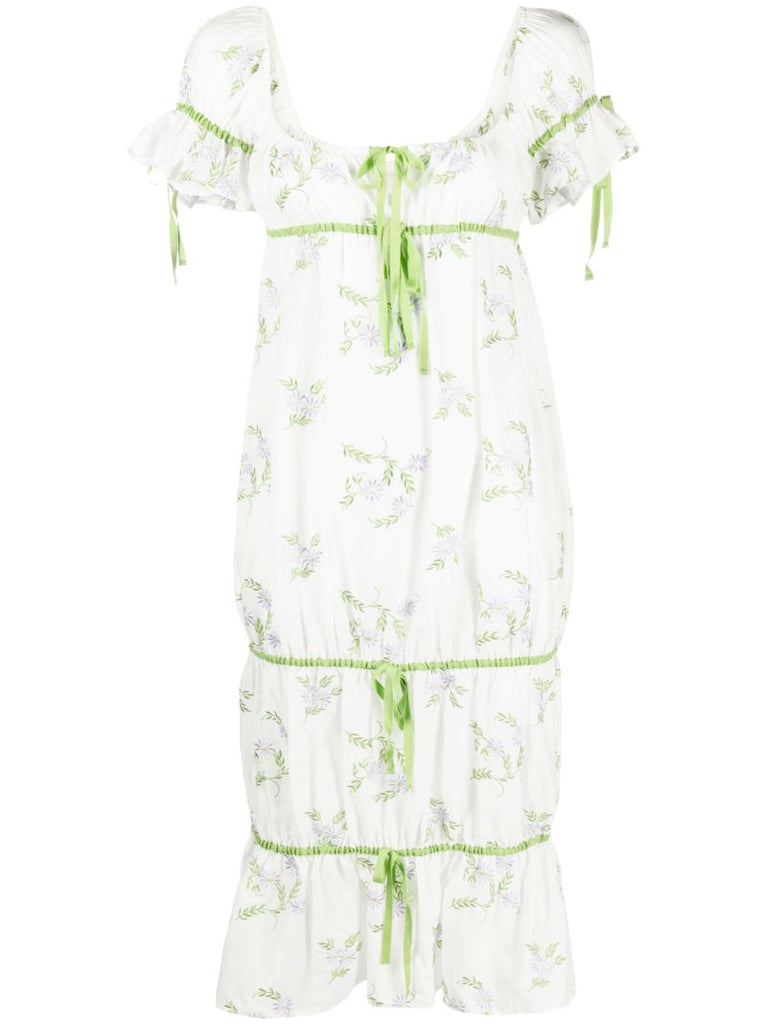 White Floral-embroidered Drawstring Midi Dress