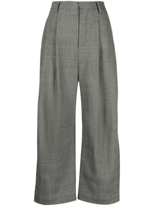 Grey Wool Plaid Check Trousers