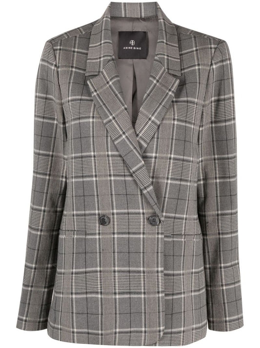 Grey Plaid Double-breasted Blazer