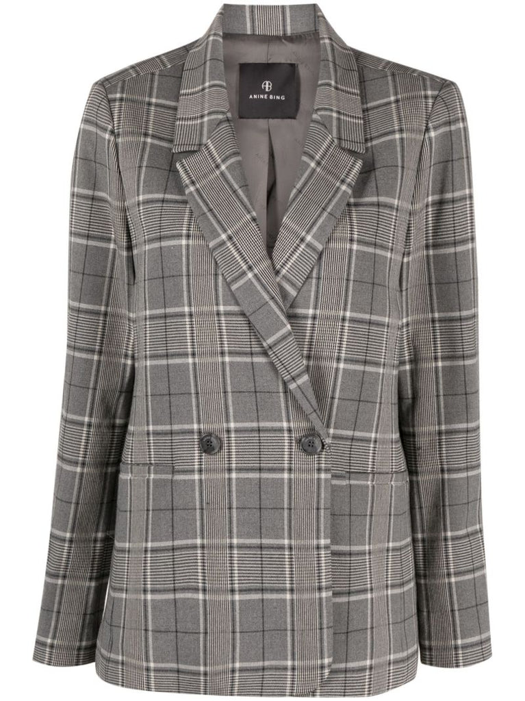 Grey Plaid Double-breasted Blazer