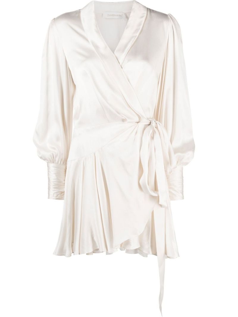 Neutral Silk Wrap Mini Dress