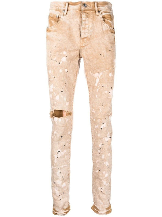 Beige Paint Splatter Slim Jeans
