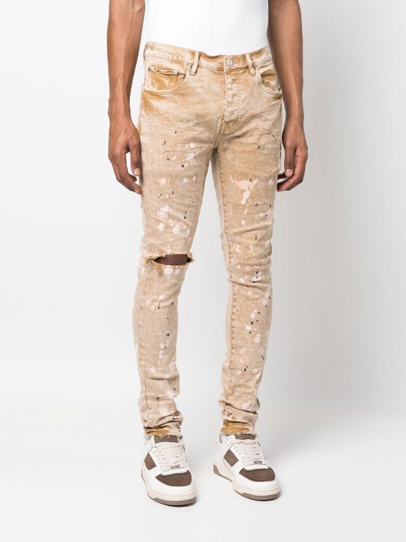 Beige Paint Splatter Slim Jeans