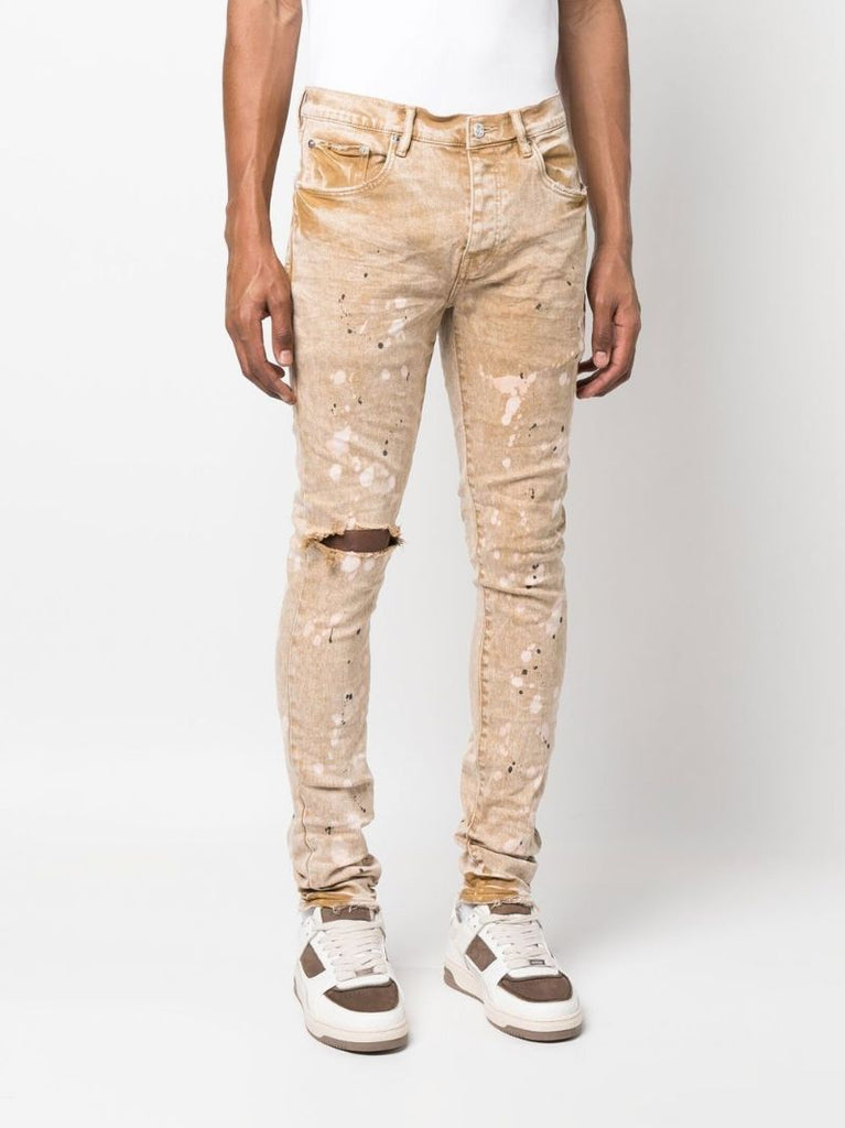 Beige Paint Splatter Slim Jeans