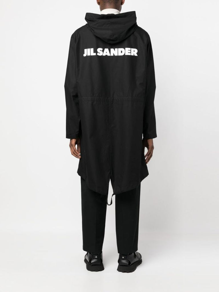 Black Logo Print Hooded Parka Coat