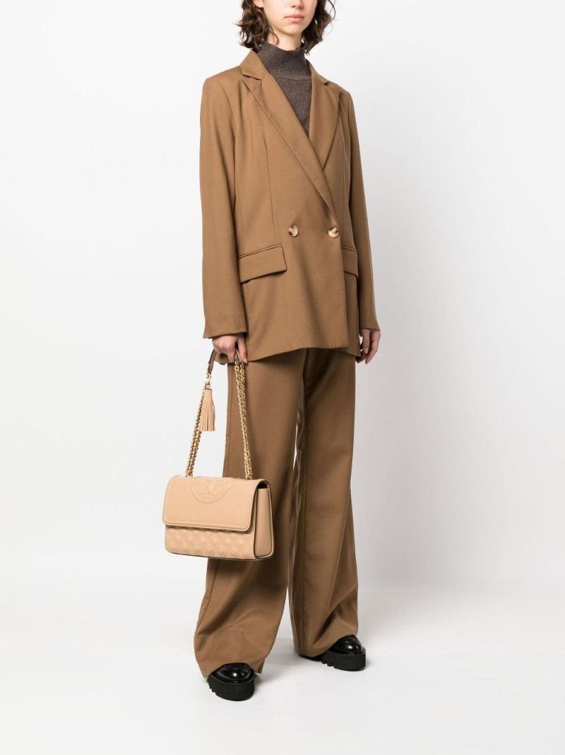 Beige Fleming Embossed Leather Shoulder Bag