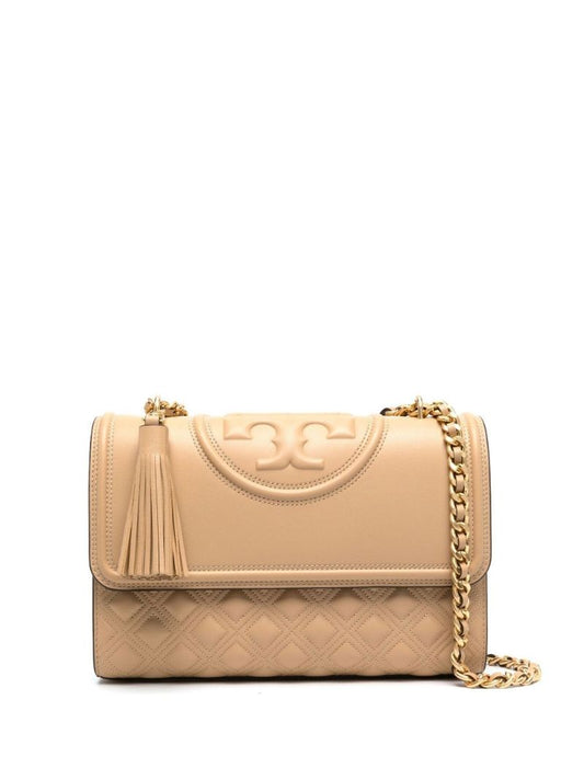Beige Fleming Embossed Leather Shoulder Bag