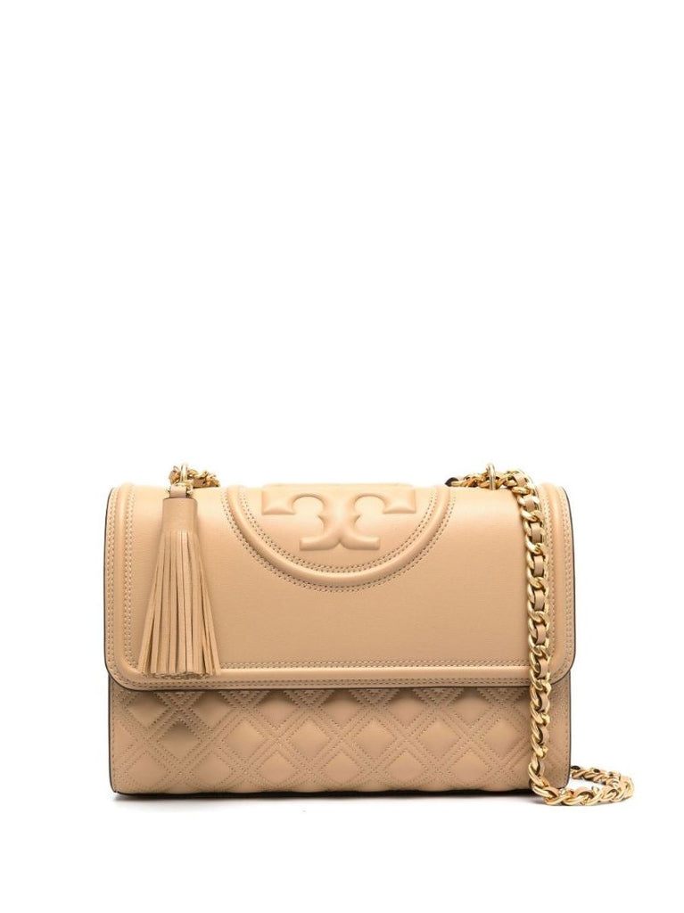 Beige Fleming Embossed Leather Shoulder Bag