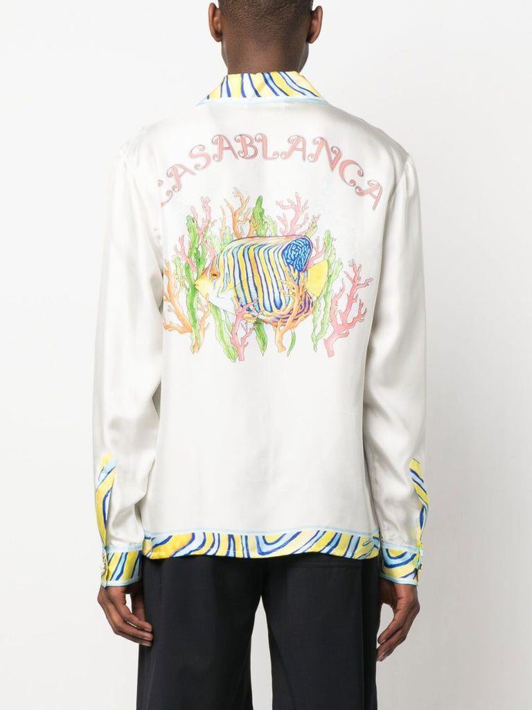 White Aquatique Print Silk Shirt