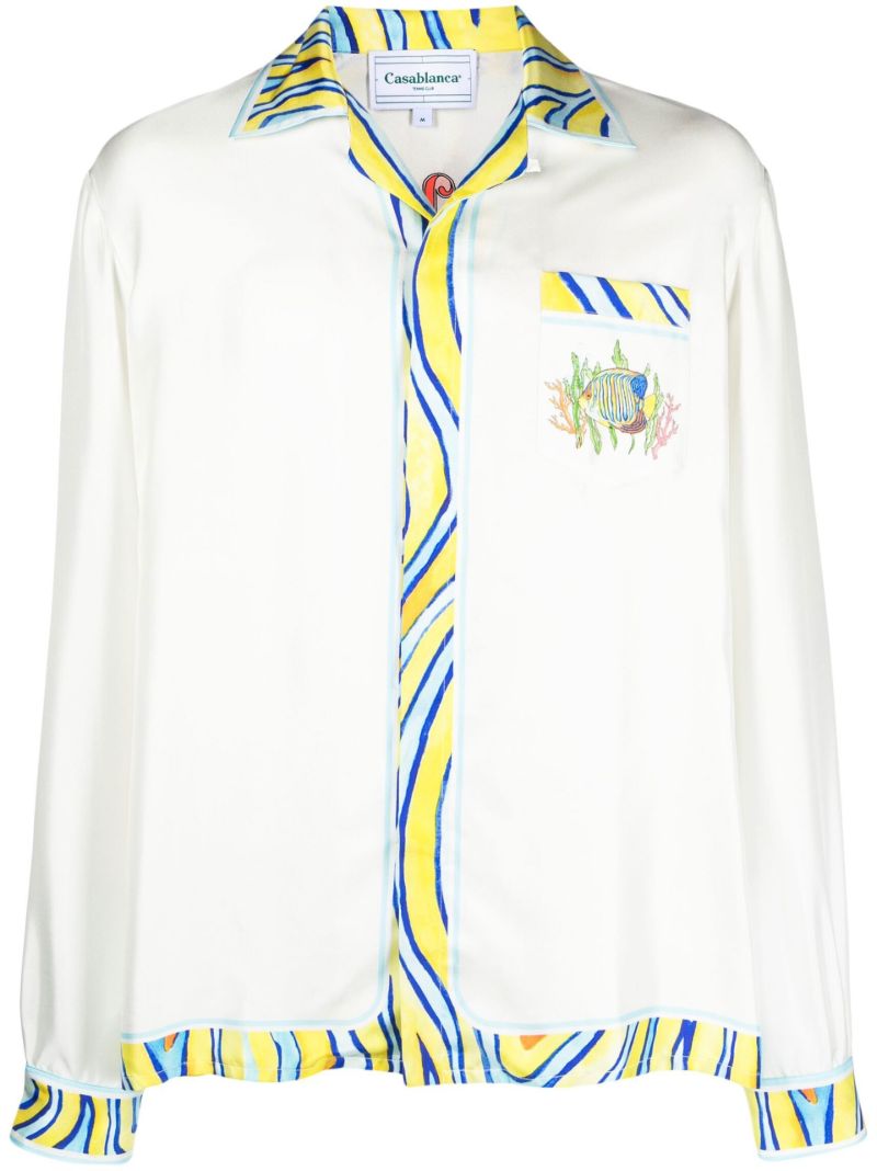White Aquatique Print Silk Shirt