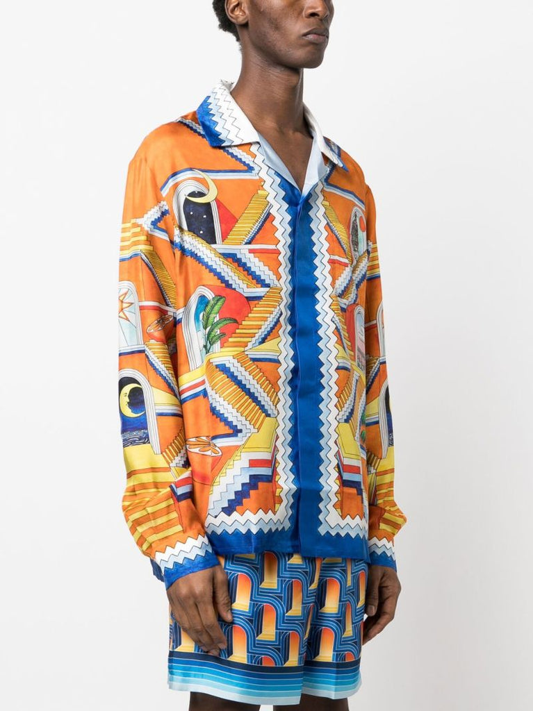 Orange Escalier Infini Print Silk Shirt